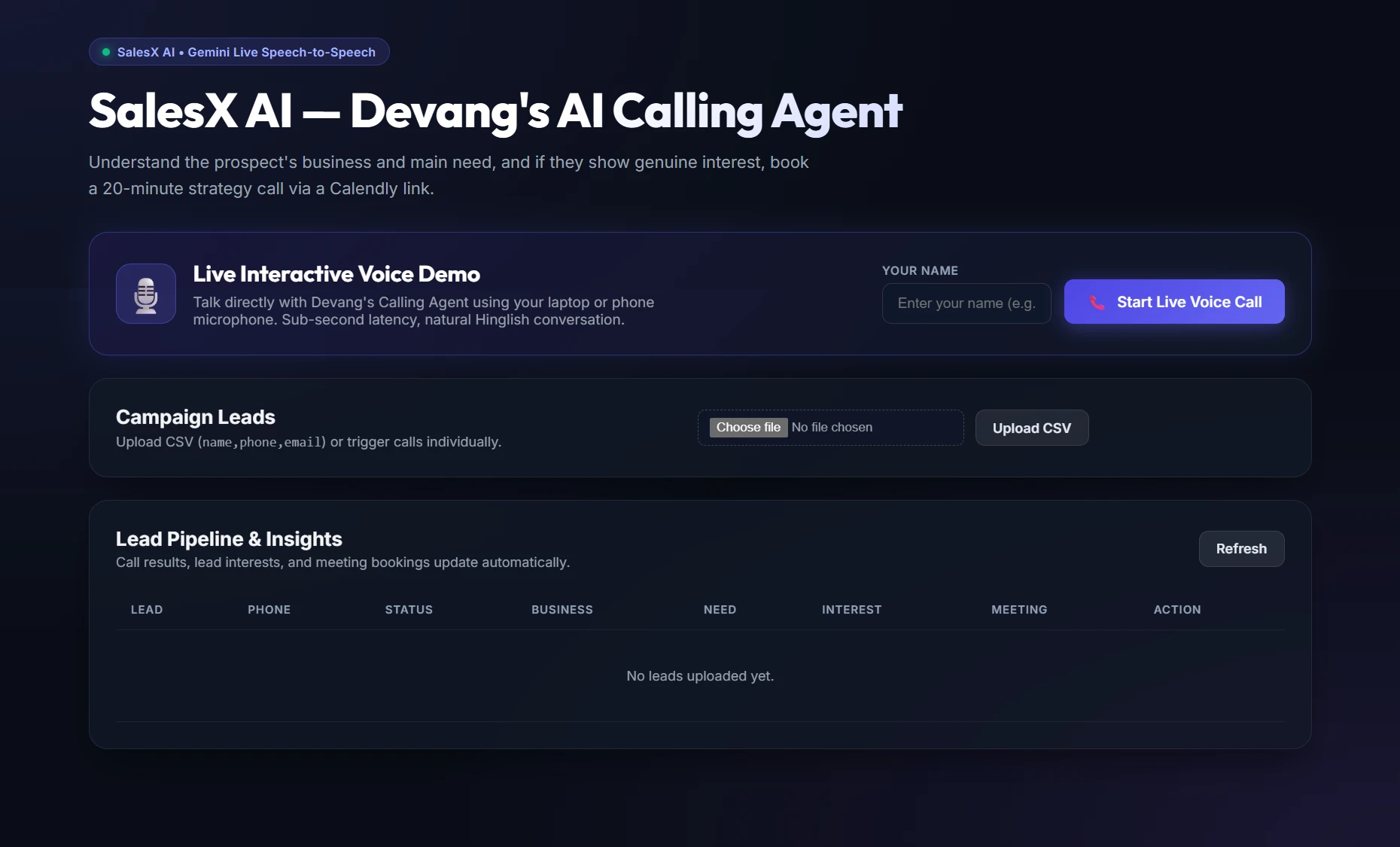AI Calling Agent workspace with live voice demo, campaign lead upload and lead pipeline