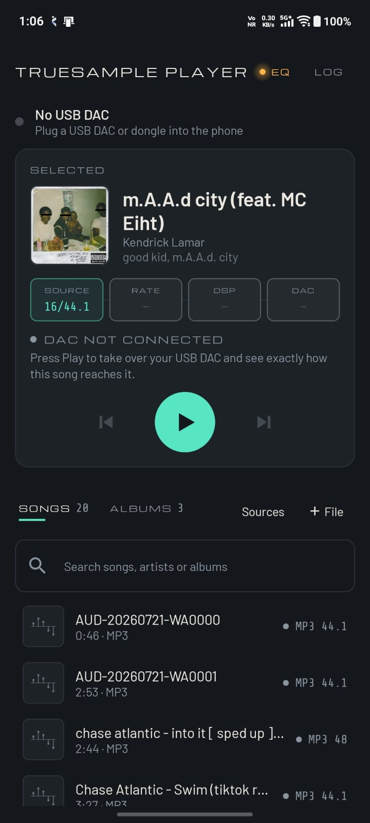 TrueSample Player now-playing screen with the source, rate, DSP and DAC signal path